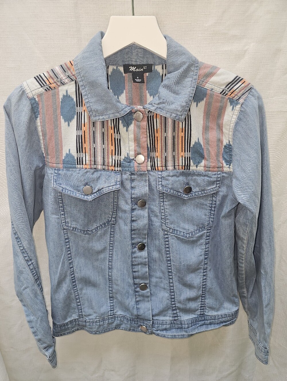 Main St. Southwestern Aztec Print Mixed Media Denim Jean Jacket Women's Size S